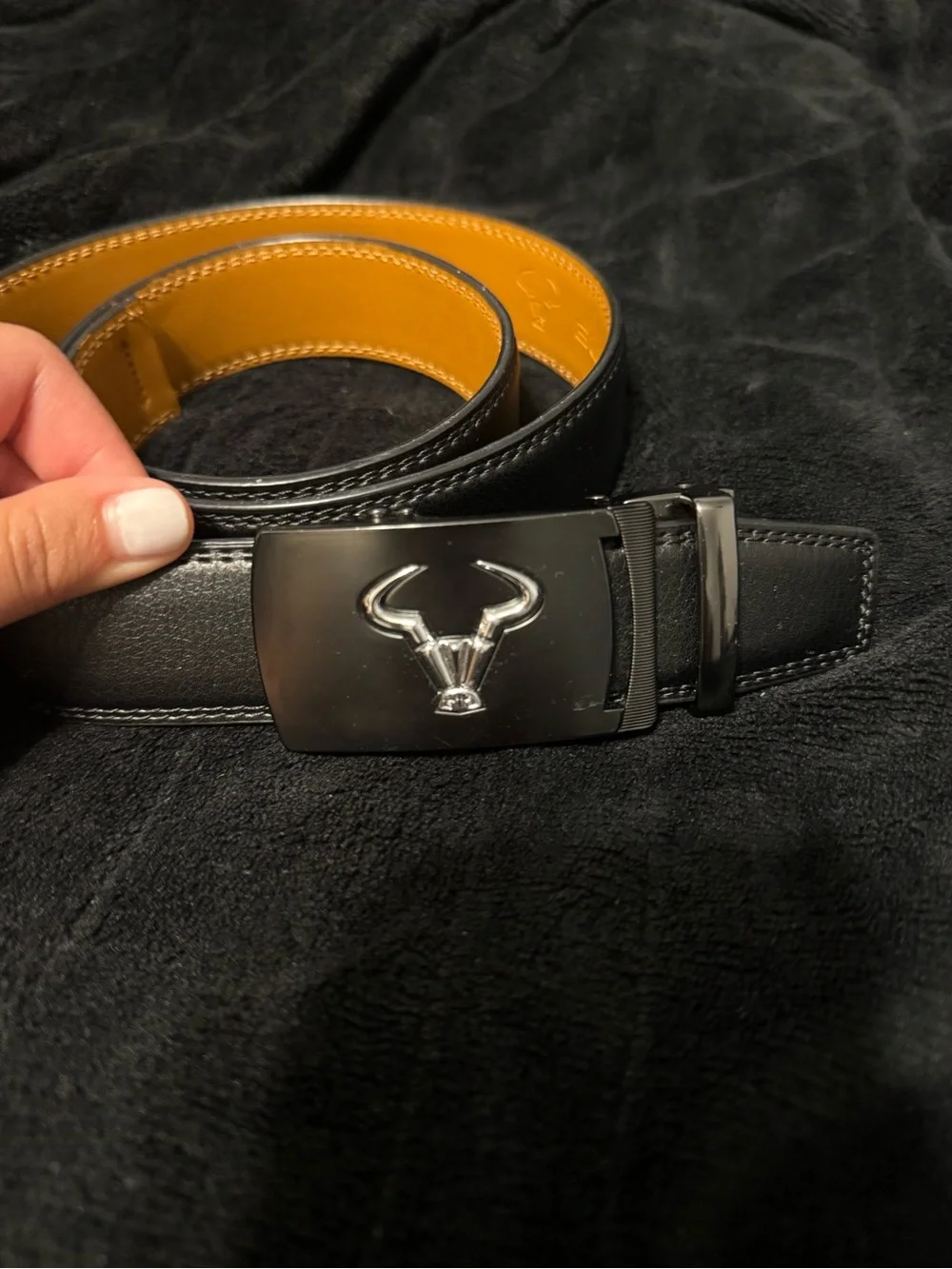 Black Leather Men’s Belt with Bull Emblem Buckle - Black/Yellow Interior